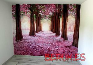 pintura mural bosque rosa arboles